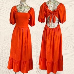 Who What Wear Linen Blend Orange Puff Sleeve Maxi Dress with Back Tie S